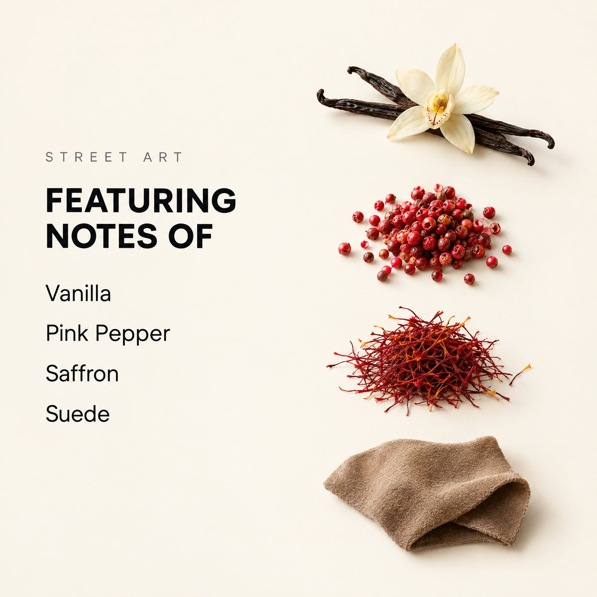 Street Art fragrance notes graphic showing vanilla, pink pepper, saffron, and suede