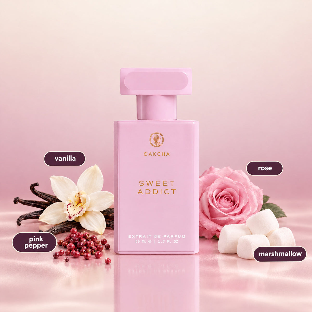 Front view of Sweet Addict perfume bottle showcasing vanilla, rose, pink pepper, and marshmallow notes on pink background