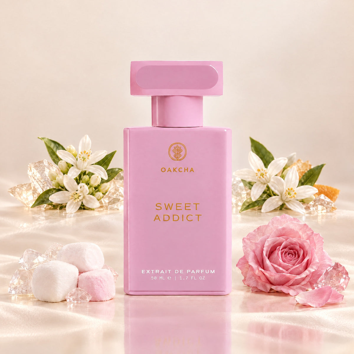 Front view of Sweet Addict Extrait de Parfum bottle with neroli, orange blossom, marshmallow and rose