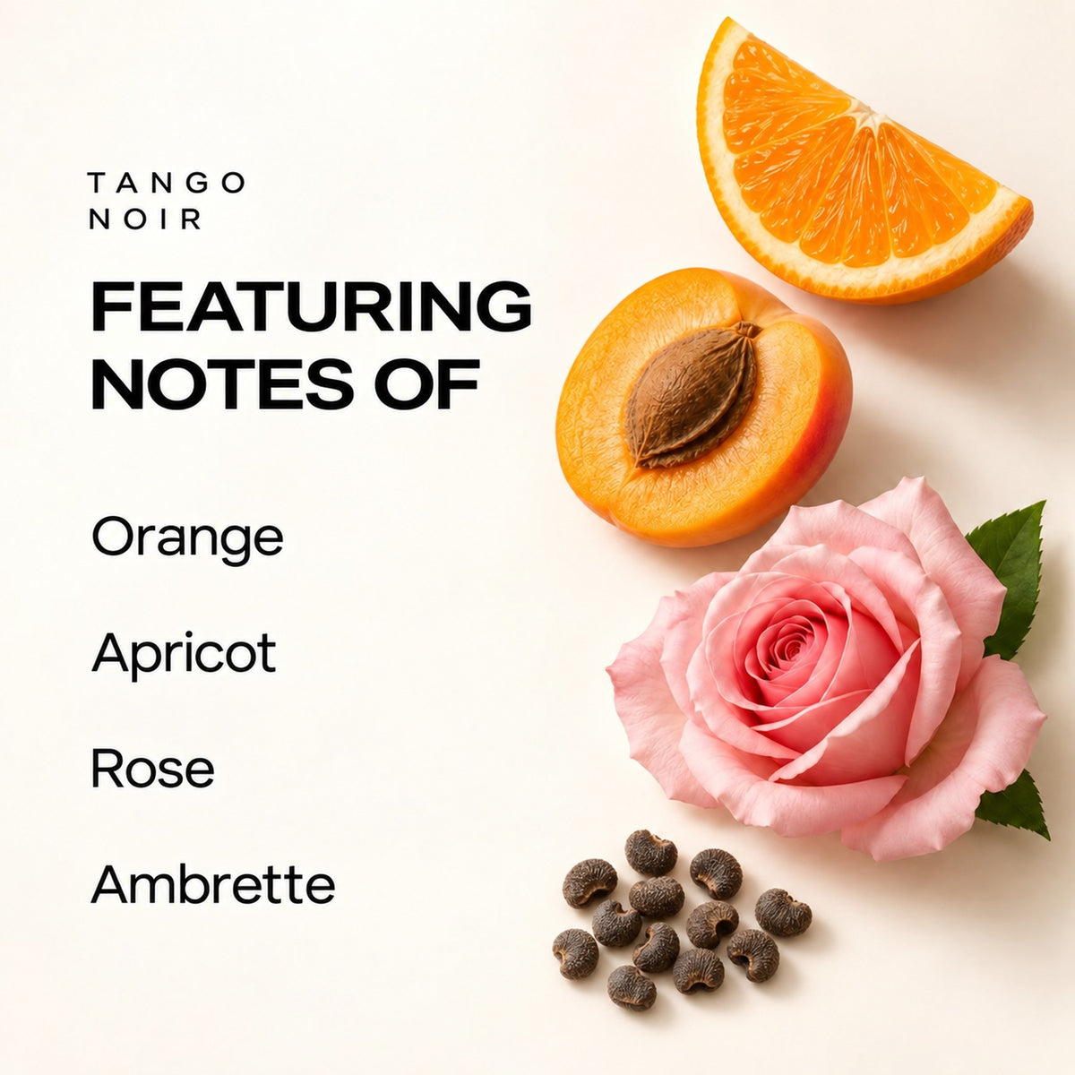 Fragrance notes infographic showing Tango Noir features orange, apricot, rose, and ambrette