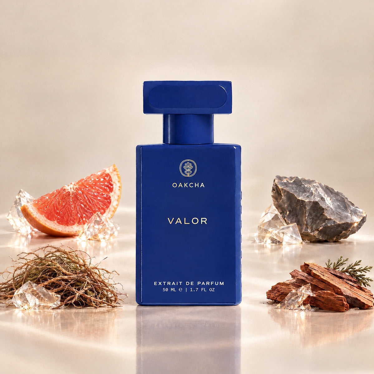 Front view of blue Valor Extrait de Parfum bottle with 50 mL marking and grapefruit, flint, vetiver, and cedar notes