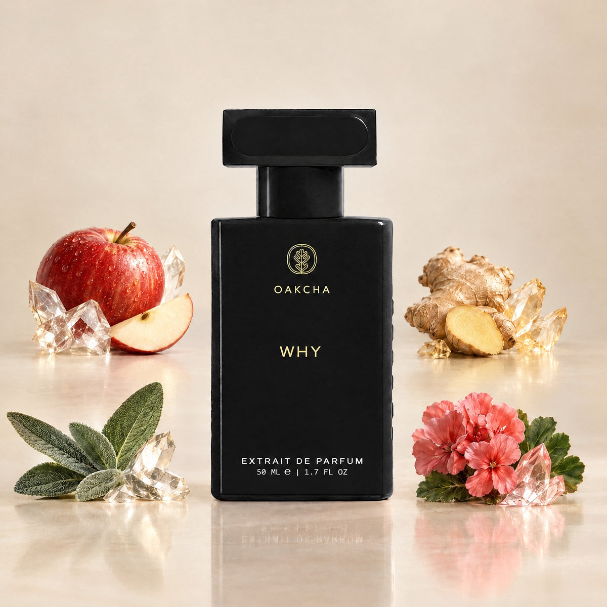 Front view of black Why Extrait de Parfum bottle with 50 milliliters and apple, ginger, sage, and geranium notes against beige background