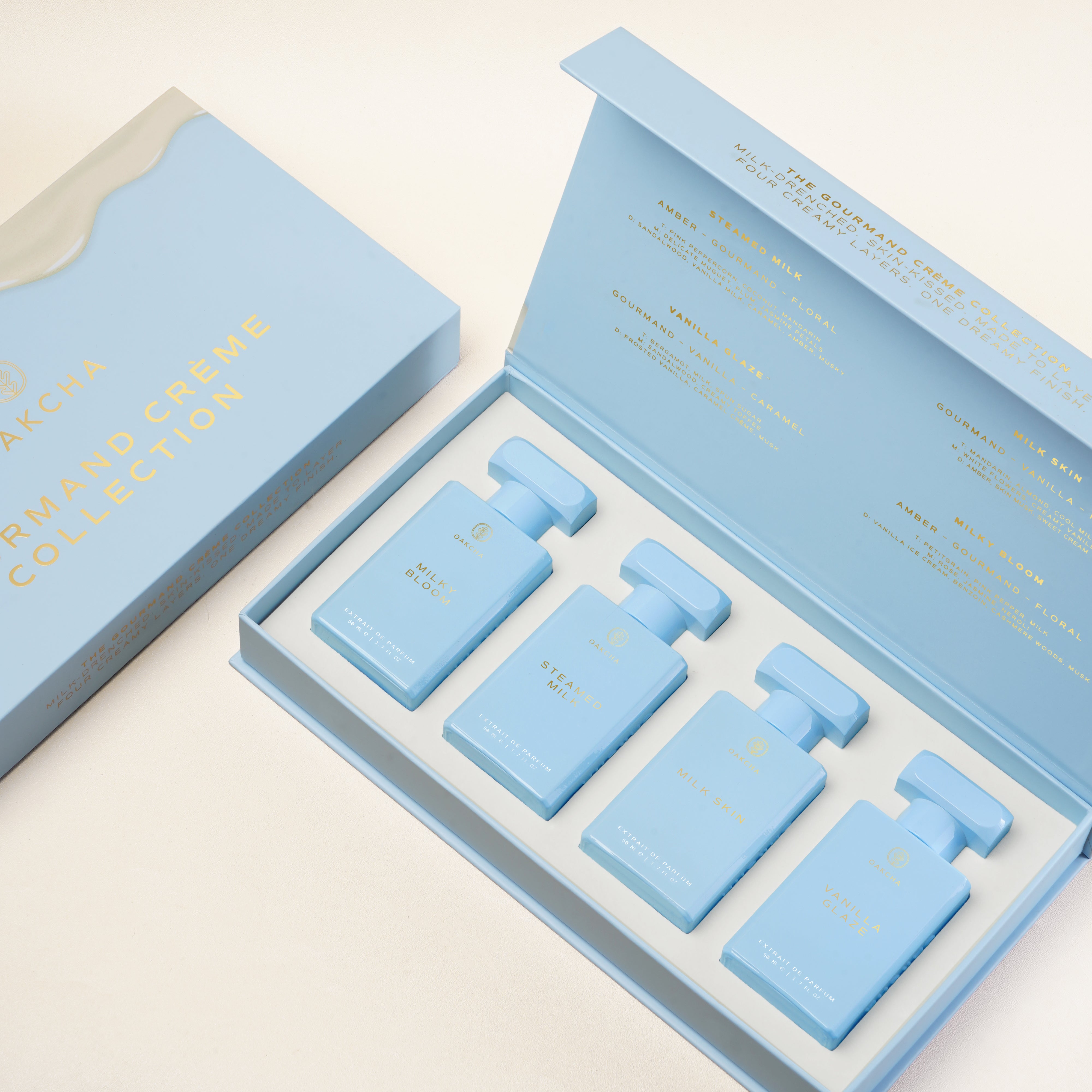 Angled view of the Gourmand Creme Collection Set showcasing four blue extrait de parfum bottles in an open presentation box