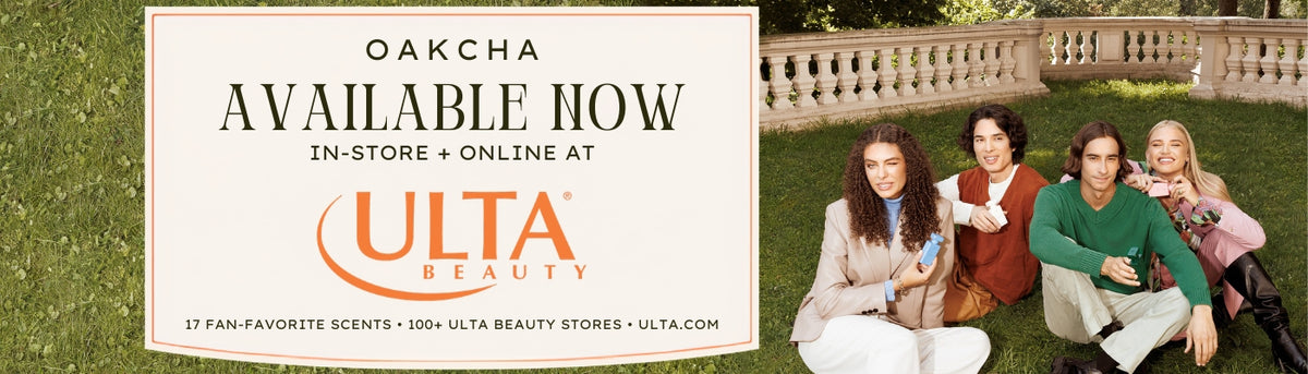 Oakcha fragrances available now in-store and online at Ulta Beauty, with four friends outdoors